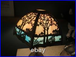 Antique Miller Lamp Co 6-Panel Bent Slag Stained Glass Metal Overlay Lamp Shade
