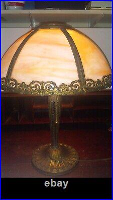 Antique Miller Lamp Co. Arts & Crafts 6 Panel Carame Swirl Slag Glass Table Lamp