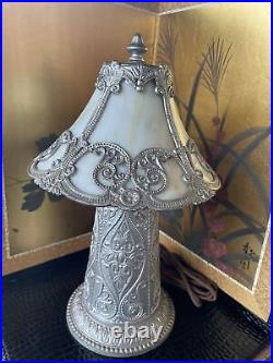 Antique Miller Lamps SLAG Glass 4 Panel Metal Filigree 14Tall