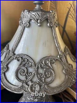 Antique Miller Lamps SLAG Glass 4 Panel Metal Filigree 14Tall