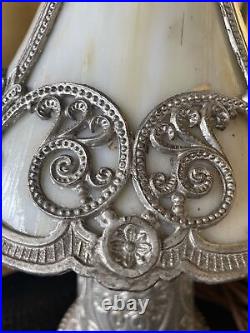 Antique Miller Lamps SLAG Glass 4 Panel Metal Filigree 14Tall
