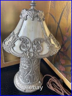 Antique Miller Lamps SLAG Glass 4 Panel Metal Filigree 14Tall