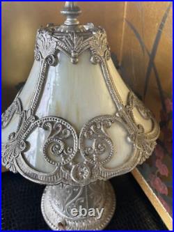 Antique Miller Lamps SLAG Glass 4 Panel Metal Filigree 14Tall