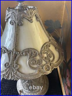 Antique Miller Lamps SLAG Glass 4 Panel Metal Filigree 14Tall
