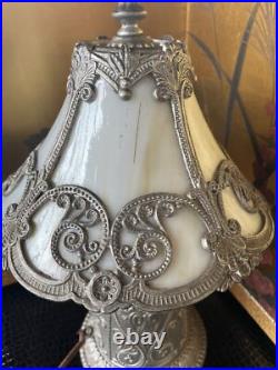 Antique Miller Lamps SLAG Glass 4 Panel Metal Filigree 14Tall