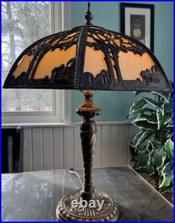Antique Miller School Bronze Slag Glass Table Lamp
