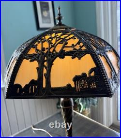 Antique Miller School Bronze Slag Glass Table Lamp