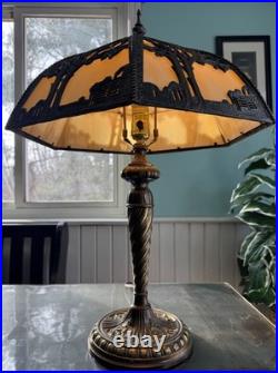 Antique Miller School Bronze Slag Glass Table Lamp