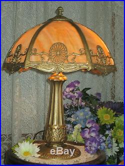 Antique Miller Slag Glass 6 Panel Electric Table Lamp Signed Miller