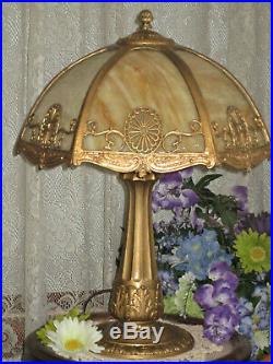 Antique Miller Slag Glass 6 Panel Electric Table Lamp Signed Miller