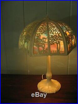 Antique Miller Slag Glass Table Lamp Filigree Trees Stag Shade