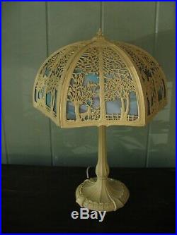 Antique Miller Slag Glass Table Lamp Filigree Trees Stag Shade
