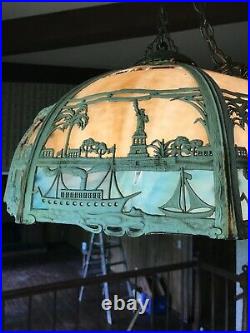 Antique Miller Statue Of Liberty Slag Glass Hanging Lamp Shade Light Art Nouveau