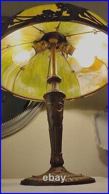 Antique Miller Type Green Slag Glass Lamp with Colored Swags & Floral detail 20s