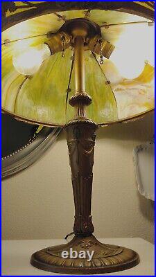 Antique Miller Type Green Slag Glass Lamp with Colored Swags & Floral detail 20s