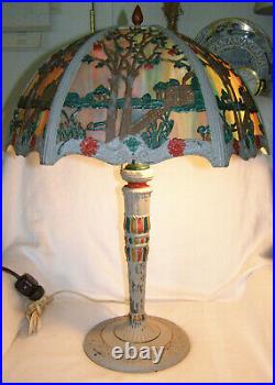 Antique Miller Working 1920's Painted Scenic Slag Glass Table Lamp- Double Light