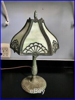 Antique Miller green Slag Glass Boudoir Lamp 2 x signed Handel, B&H period