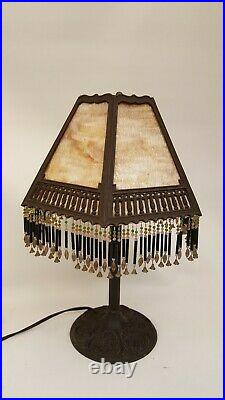Antique Miller slag glass table lamp 6 panel ornate base 21 glass bead fringe