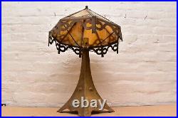 Antique Mission Arts Crafts Brass Slag Stained Glass Table Lamp Vintage 23