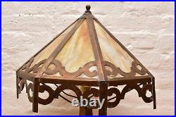 Antique Mission Arts Crafts Brass Slag Stained Glass Table Lamp Vintage 23