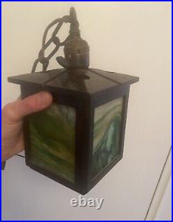 Antique Mission Arts Crafts Hanging Lamp Light Fixture Green Swirled Slag Glass