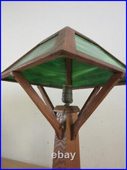 Antique Mission Arts & Crafts Oak & green Slag Stained glass Lamp W. B. Brown