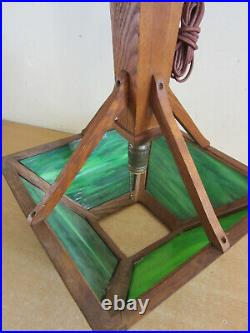 Antique Mission Arts & Crafts Oak & green Slag Stained glass Lamp W. B. Brown