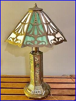 Antique Mission Arts Crafts Riviere Studios Bronze Slag Glass Lamp Tiffany Era