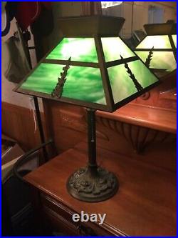 Antique Mission Arts Crafts Style Green Slag Glass Table Lamp