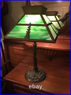 Antique Mission Arts Crafts Style Green Slag Glass Table Lamp