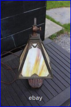 Antique Mission Arts & Crafts desk Lamp Banker Lamp Slag Glass Shade