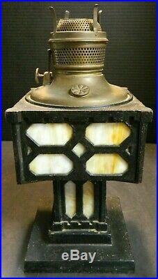 Antique Mission Cast Iron & Slag Glass Parlor Oil Lamp Base 13.25 x 6.25 Excel