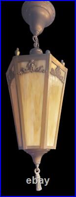 Antique Mission Hanging Lamp Light Fixture Pendant Slag Stained Glass Art Crafts