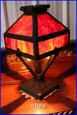 Antique Mission Iron Arts & Crafts Slag Glass Table Lamp Stickley Era Gas Lamp
