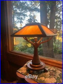 Antique Mission Oak Table Lamp Oak And Gold Slag Glass 23