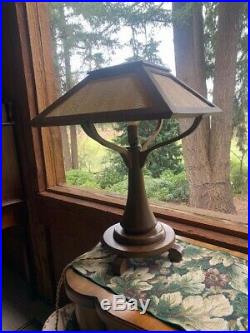 Antique Mission Oak Table Lamp Oak And Gold Slag Glass 23
