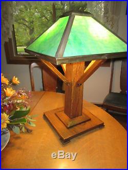 Antique Mission Oak Table Lamp Oak And Green Slag Glass Acorn Pulls 23 High Sha