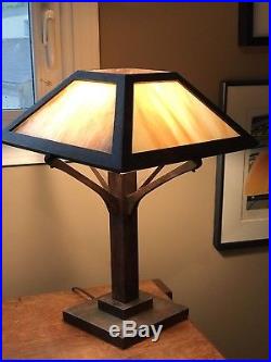 Antique Mission Oak Wood Slag Glass Panel Table Lamp Arts & Crafts Era
