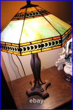 Antique Mission Style Table Lamp 27 Tall Leaded Green Slag Stained Glass-2 Bulb