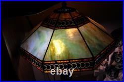 Antique Mission Style Table Lamp 27 Tall Leaded Green Slag Stained Glass-2 Bulb