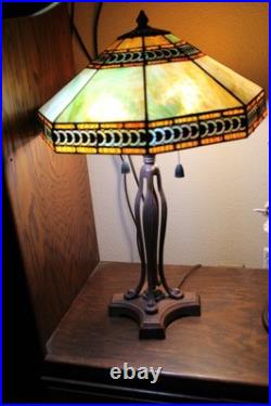 Antique Mission Style Table Lamp 27 Tall Leaded Green Slag Stained Glass-2 Bulb Antique Mission Style Table Lamp 27 Tall Leaded Green Slag Stained Glass-2 Bulb
