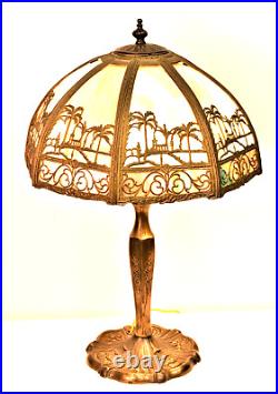 Antique Missions Arts and Crafts Art Nouveau Stained Glass Slag Panel Table Lamp