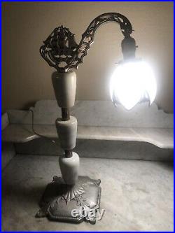 Antique Nautical Bridge Arm Table Lamp Gray Marble White Curved Slag Glass Shade Antique Nautical Bridge Arm Table Lamp Gray Marble White Curved Slag Glass Shade