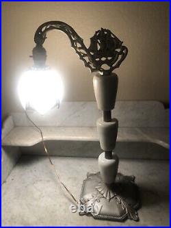 Antique Nautical Bridge Arm Table Lamp Gray Marble White Curved Slag Glass Shade Antique Nautical Bridge Arm Table Lamp Gray Marble White Curved Slag Glass Shade