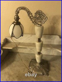 Antique Nautical Bridge Arm Table Lamp Gray Marble White Curved Slag Glass Shade Antique Nautical Bridge Arm Table Lamp Gray Marble White Curved Slag Glass Shade