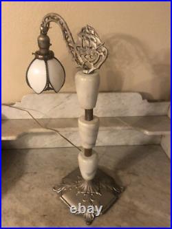 Antique Nautical Bridge Arm Table Lamp Gray Marble White Curved Slag Glass Shade Antique Nautical Bridge Arm Table Lamp Gray Marble White Curved Slag Glass Shade