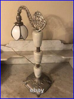 Antique Nautical Bridge Arm Table Lamp Gray Marble White Curved Slag Glass Shade Antique Nautical Bridge Arm Table Lamp Gray Marble White Curved Slag Glass Shade