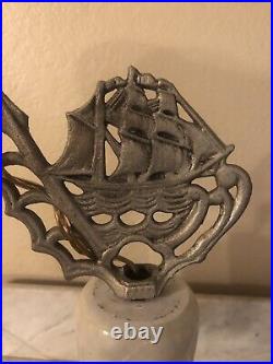 Antique Nautical Bridge Arm Table Lamp Gray Marble White Curved Slag Glass Shade