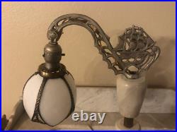 Antique Nautical Bridge Arm Table Lamp Gray Marble White Curved Slag Glass Shade Antique Nautical Bridge Arm Table Lamp Gray Marble White Curved Slag Glass Shade