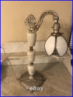 Antique Nautical Bridge Arm Table Lamp Gray Marble White Curved Slag Glass Shade Antique Nautical Bridge Arm Table Lamp Gray Marble White Curved Slag Glass Shade